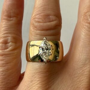 Vintage 14K Gold Band Ring with Marquise-Cut Diamond Solitaire ✨